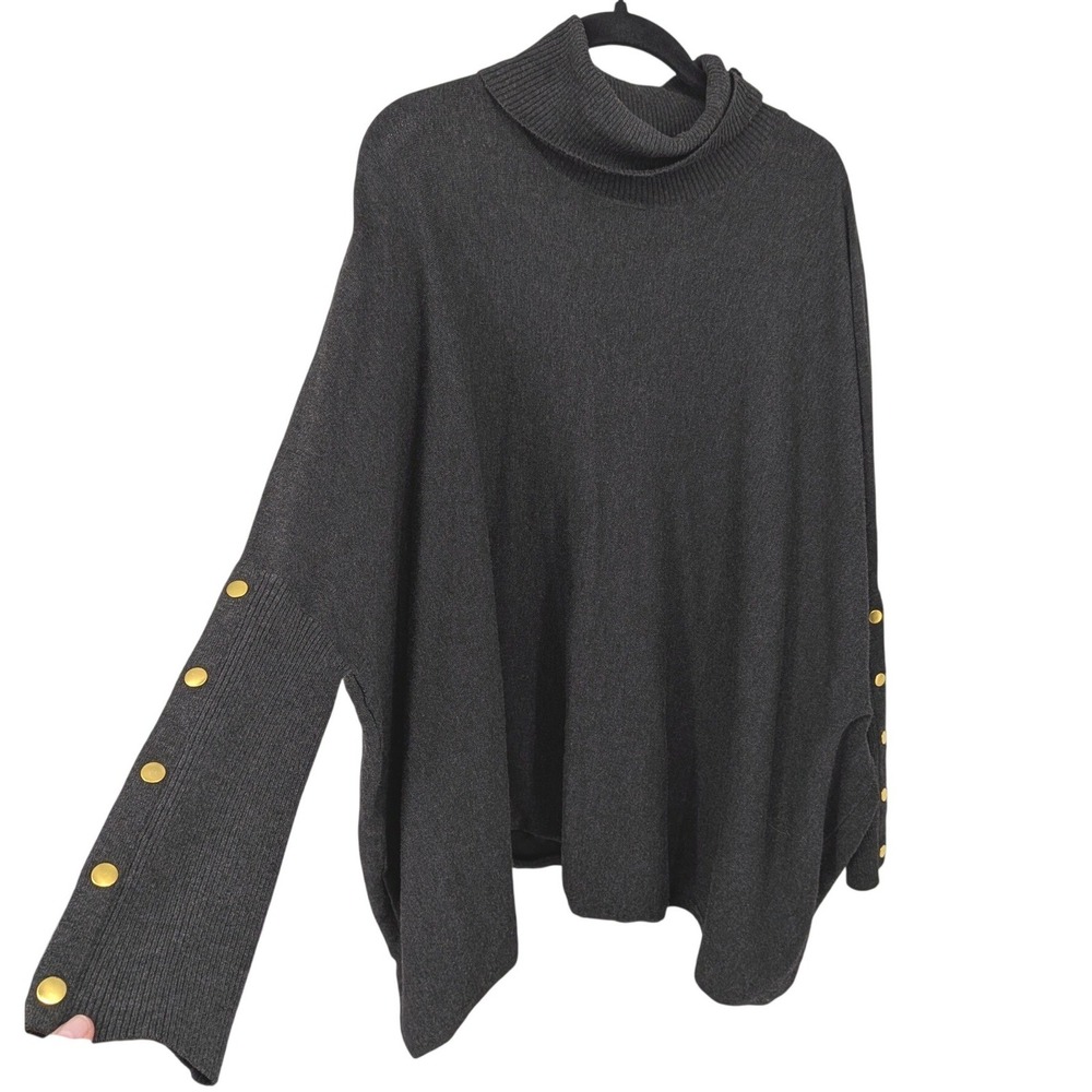 Joseph A Turtleneck Sweater Women XL Charcoal Gray Gold Button Cuff Poncho Style